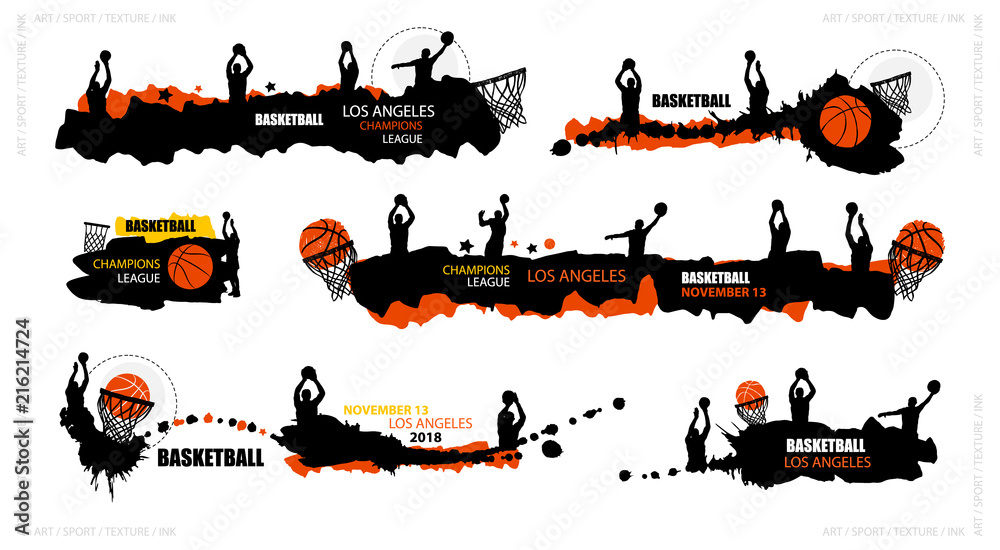 Fototapeta premium Set designs for basketball, abstract banners, brush, grunge style. Hand drawing, splash, basketball players, hoop. Sports backgrounds for your text.