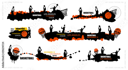 Set designs for basketball, abstract banners, brush, grunge style. Hand drawing, splash, basketball players, hoop. Sports backgrounds for your text.