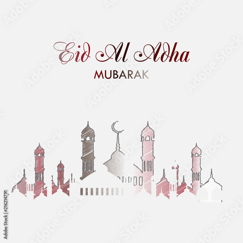 Eid Al Adha greeting card with hand drawn mosque. Vector.