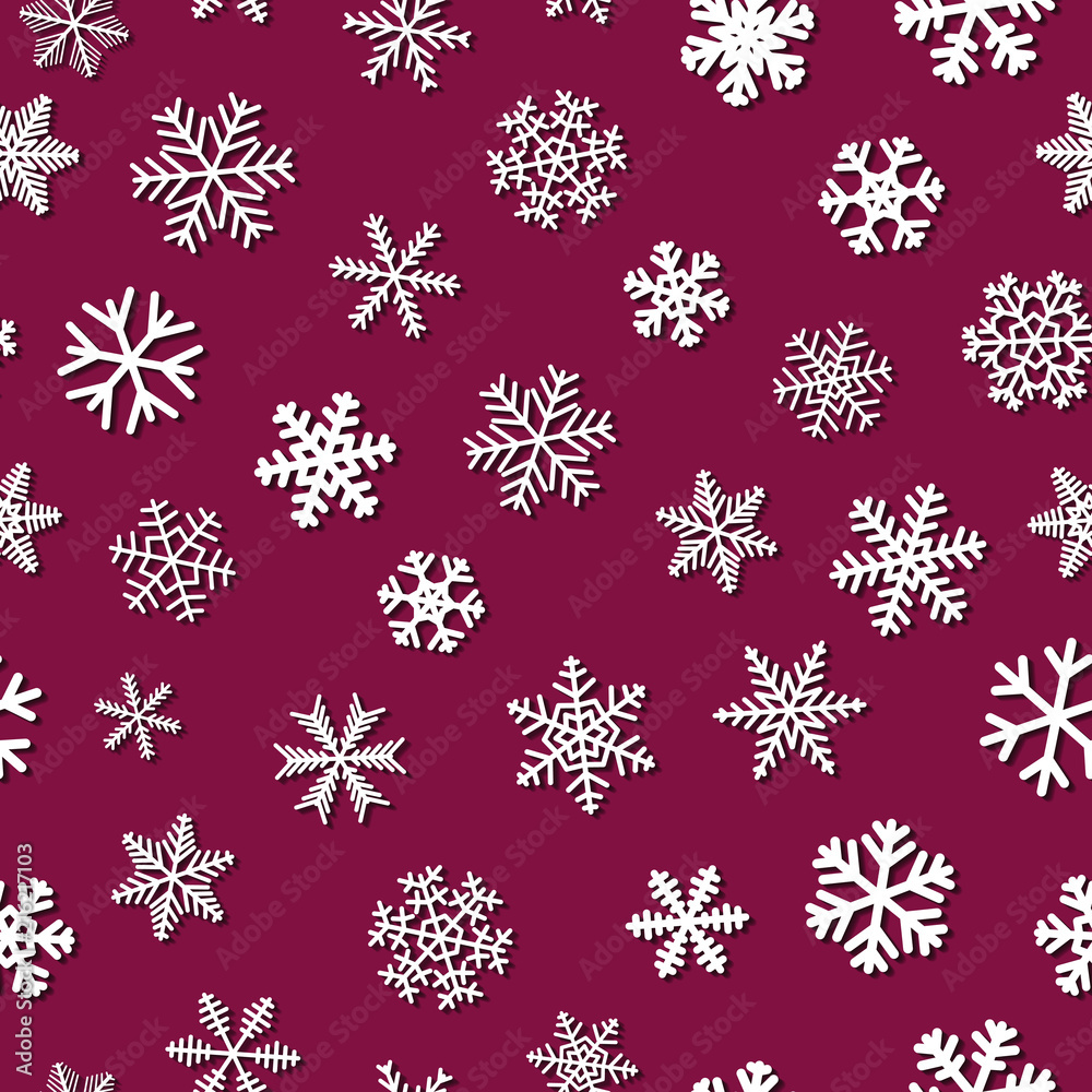 Christmas seamless pattern of snowflakes with shadows, white on crimson background Christmas seamless pattern of snowflakes with shadows, white on crimson background