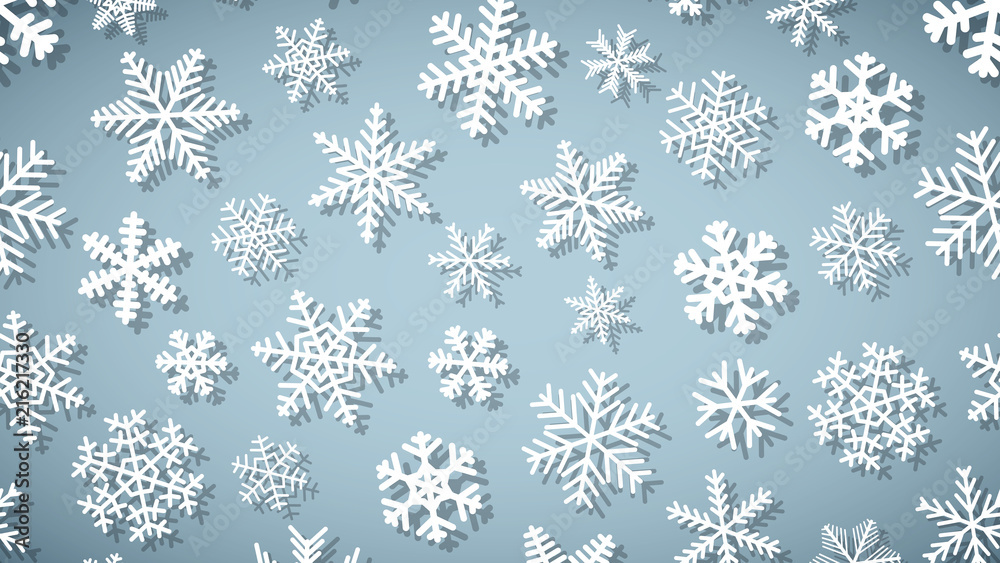 Christmas background of snowflakes of different shapes and sizes with shadows. White on light blue. Christmas background of snowflakes of different shapes and sizes with shadows. White on light blue.