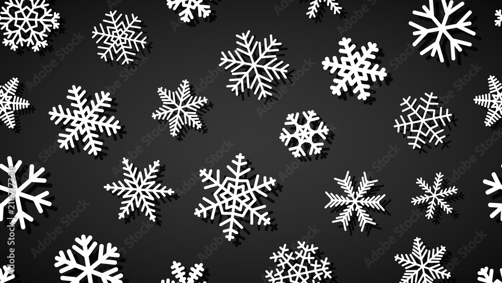 Christmas background of snowflakes of different shapes and sizes with shadows. White on black. Christmas background of snowflakes of different shapes and sizes with shadows. White on black.