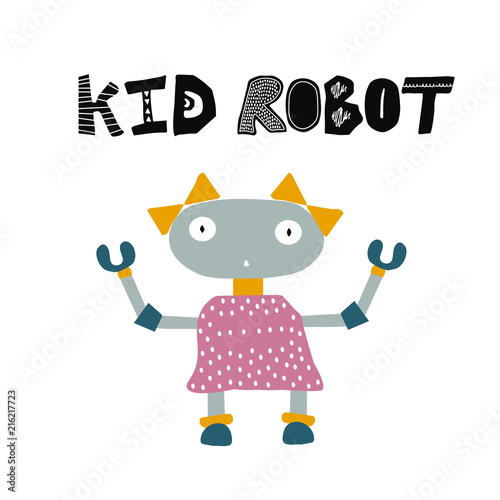 Kid robot illustration. Cartoon bot. Hand drawn style.