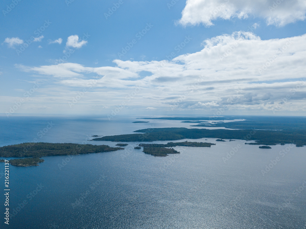 aerial view on small islands in the Ladoga lake. Karelia.