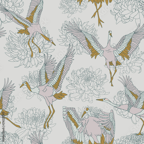 Japanese pattern. Seamless vector ornament with traditional motives. Japanese pattern with storks and chrysanthemum