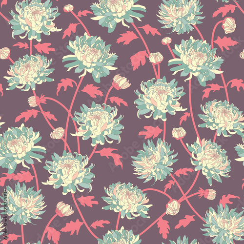 Vector seamless floral pattern. Japanese national flower chrysanthemum. Illustration luxury design, textiles, paper, wallpaper, curtains, blinds.