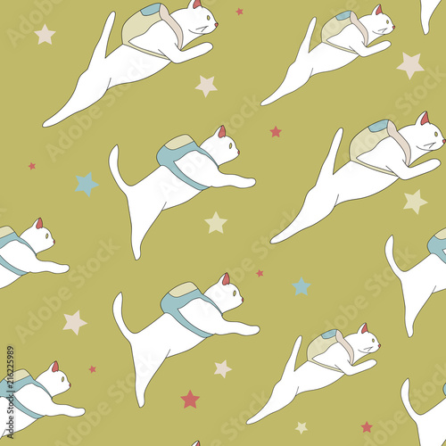 seamless pattern of space cats. white cats with colored backpacks in space pattern