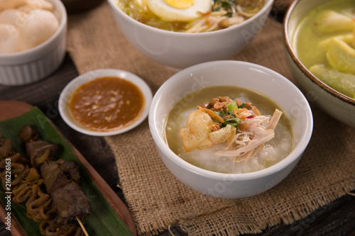 bubur ayam. chicken porridge with soup