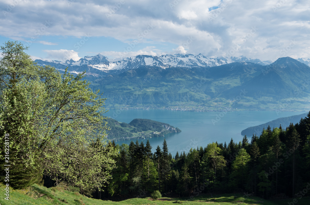 Swiss alp mountain range as seen from mt rigi looking over lake lucerne