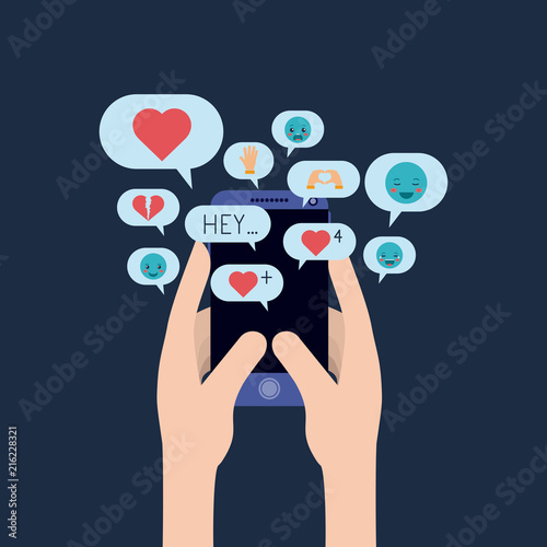 hands chating with smartphone and set speech bubbles and emoticons