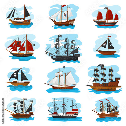 Piratic ship vector pirating boat vessel sailboat and powerful piratical speedboat illustration marine set of pirate shipping isolated on white background