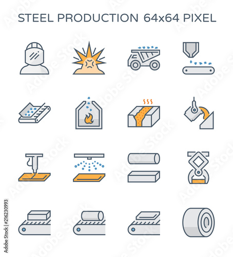 Steel production industry, manufacturing and metallurgy vector icon consist of worker, mining, factory plant and machine i.e. production line, furnace, foundry. Include process to casting product.