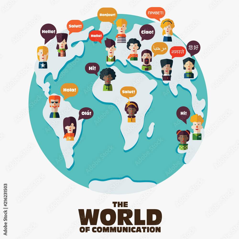 Fototapeta premium Set of social people on World map with speech bubbles in different languages. Male and female faces avatars. Communication, chat, assistance, interpretation and people connection vector concept