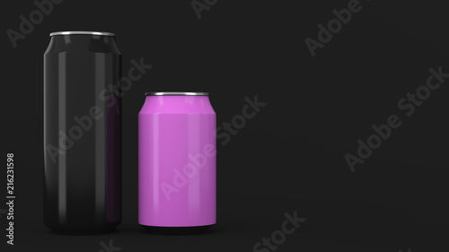 Big black and small purple aluminum soda cans mockup