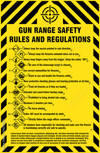 Gun range safety rules and regulations. Live-fire safety rules with signs and symbols. Black and yellow color sign.