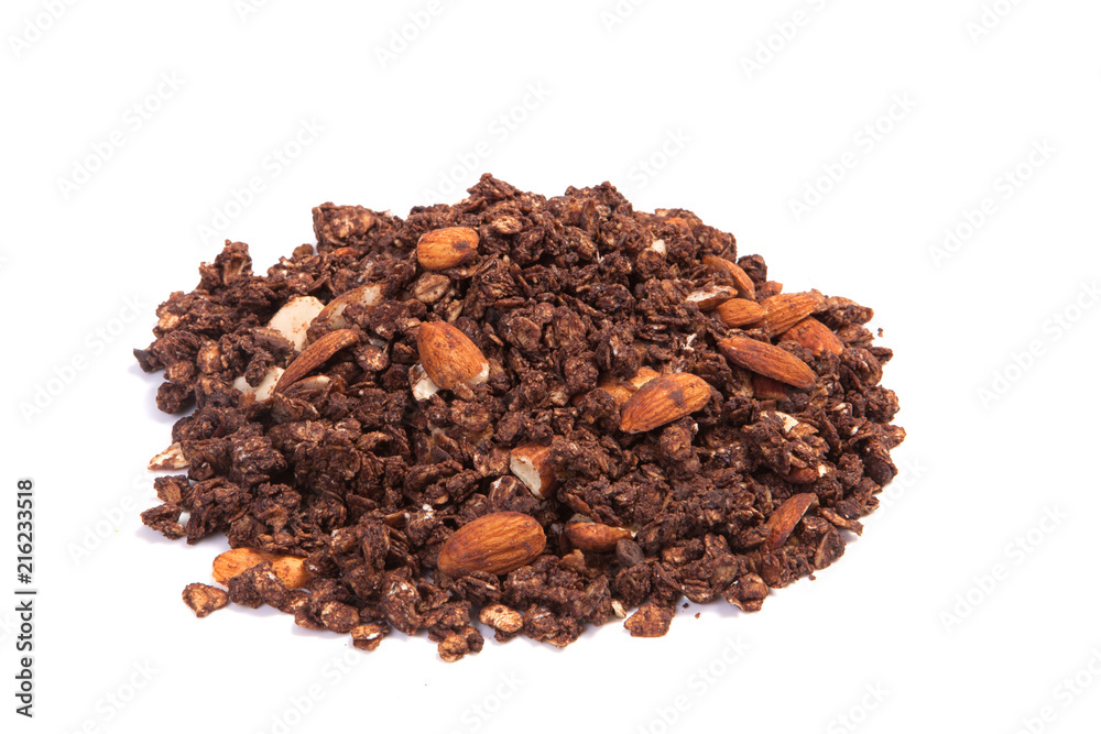 Close up pile Granola isolated on white background. Close up pile Granola isolated on white background.
