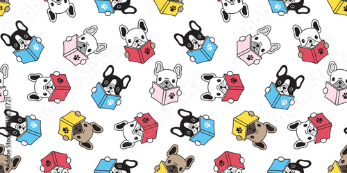 Dog seamless pattern vector french bulldog pug isolated reading book cartoon wallpaper
