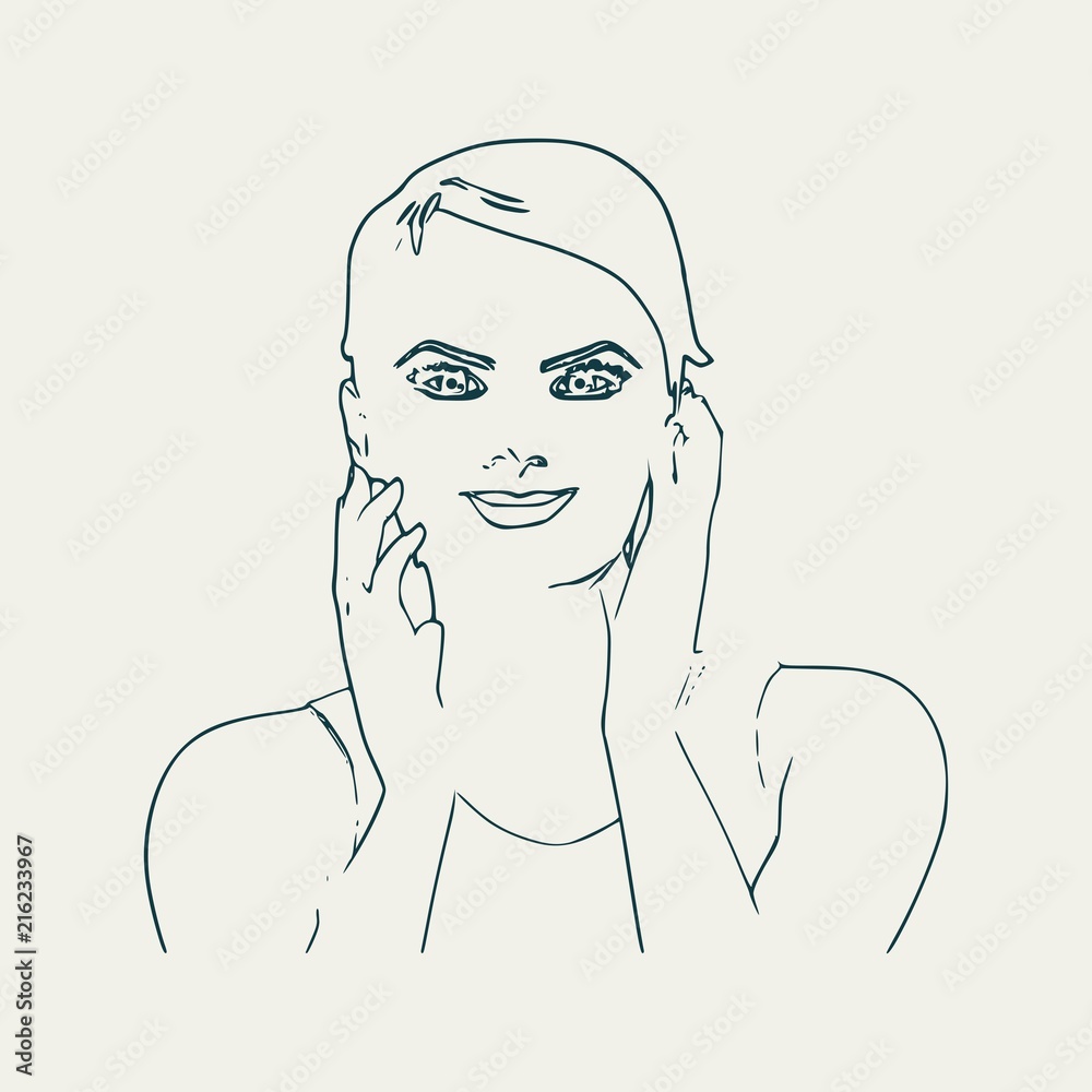 Face front view. Elegant outline silhouette of a female head. Portrait of a happy woman raising her hand to face Face front view. Elegant outline silhouette of a female head. Portrait of a happy woman raising her hand to face