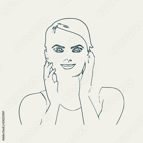 Face front view. Elegant outline silhouette of a female head. Portrait of a happy woman raising her hand to face