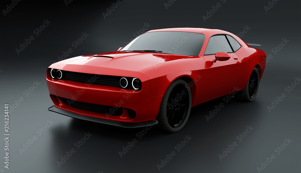 Side angle view of a generic red brandless American muscle car on a grey background . Transportation concept . 3d illustration and 3d render.