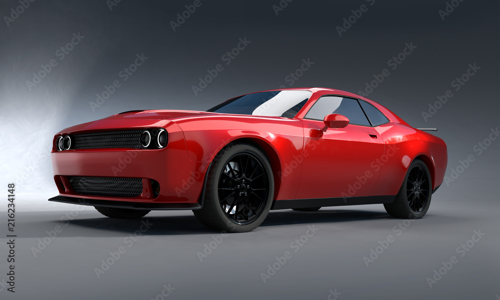 Side angle view of a generic red brandless American muscle car on a grey background . Transportation concept . 3d illustration and 3d render.