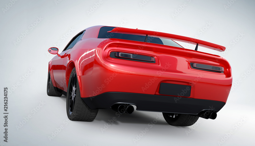 Side angle view of a generic red brandless American muscle car on a grey background . Transportation concept . 3d illustration and 3d render. Side angle view of a generic red brandless American muscle car on a grey background . Transportation concept . 3d illustration and 3d render.