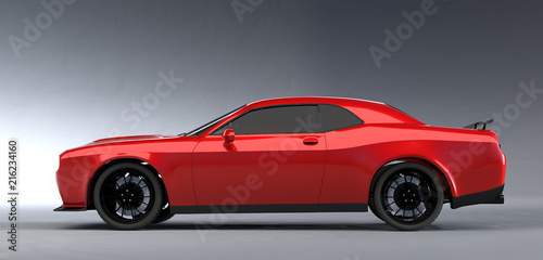 Side angle view of a generic red brandless American muscle car on a grey background . Transportation concept . 3d illustration and 3d render.