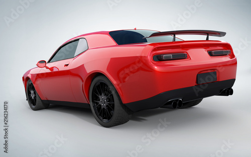 Side angle view of a generic red brandless American muscle car on a grey background . Transportation concept . 3d illustration and 3d render. © jamesteohart