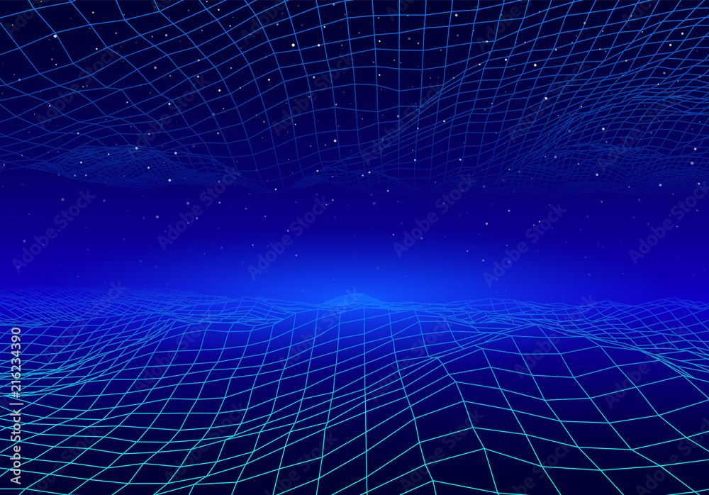 Retro neon background with 80s styled laser grid and stars Retro neon background with 80s styled laser grid and stars