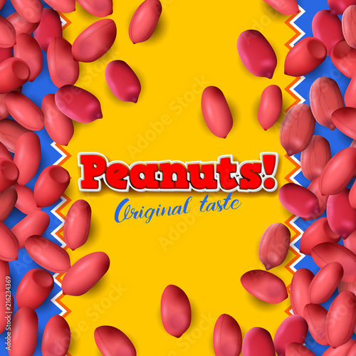 Arachis or peanuts background with red scattered nuts and beans