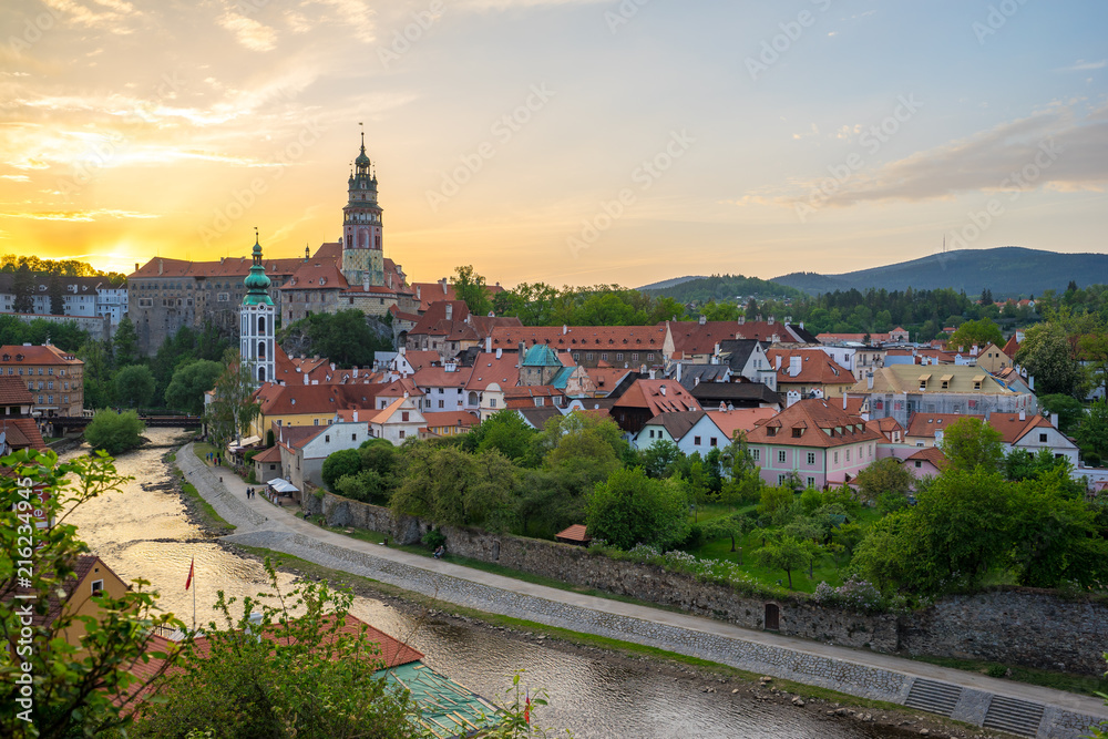 Sunset view of Cesky Krumlov old town in Czech Republic