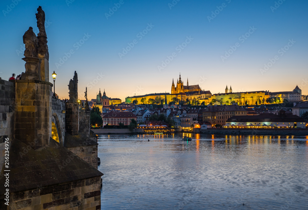 Charles Bridge with skyline of Prague in Czech Republic at night