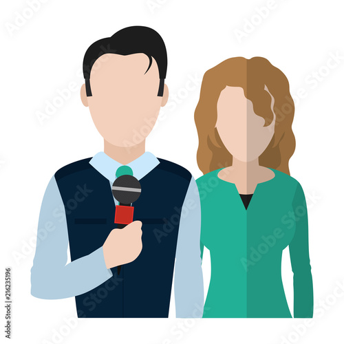 man and woman partner reporters with microphone