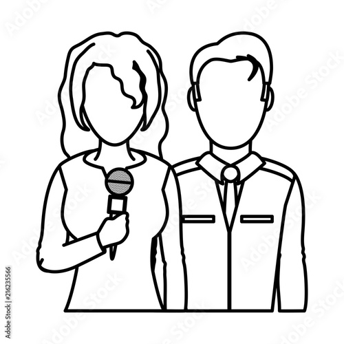 line woman and man partner reporters with microphone