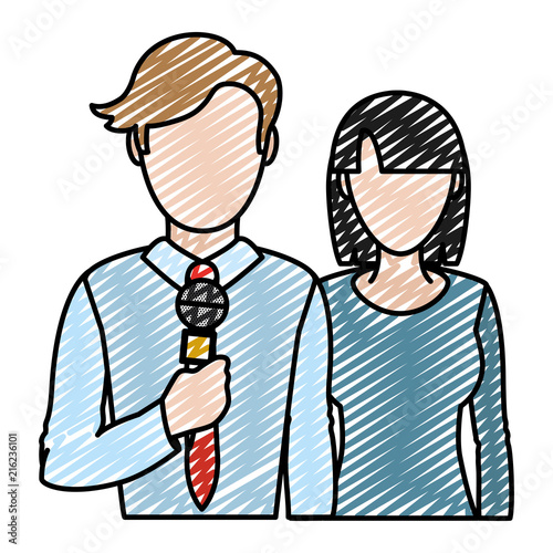 doodle man and woman partner news reporters