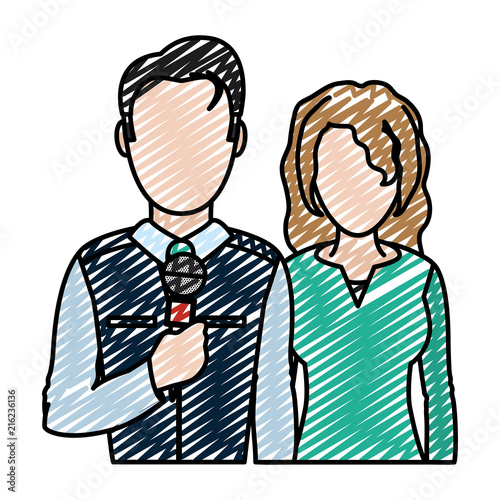 doodle man and woman partner reporters with microphone