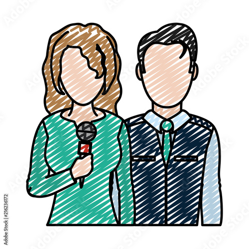 doodle woman and man partner reporters with microphone