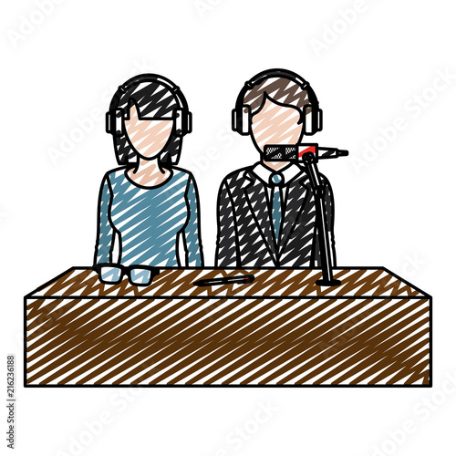 doodle woman and man partner reporters with headphones