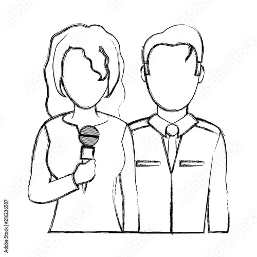 grunge woman and man partner reporters with microphone