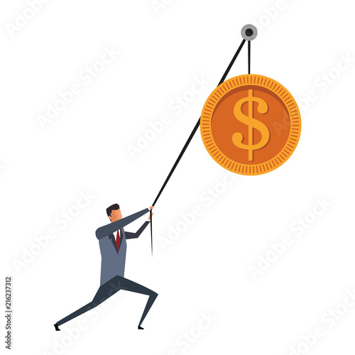 Businessman pulling up coin with rope vector illustration graphic design
