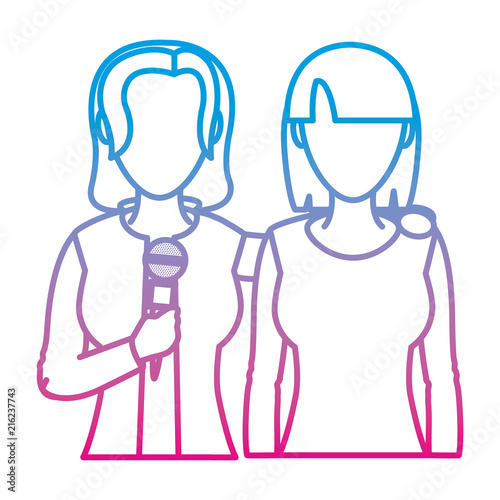 degraded line women reporters partner with microphone equipment