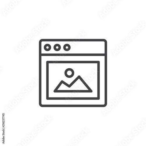 Website Picture outline icon. linear style sign for mobile concept and web design. Browser window with Picture simple line vector icon. Symbol, logo illustration. Pixel perfect vector graphics