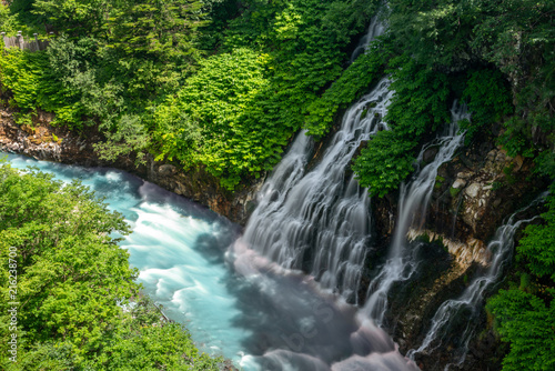 Shirohige waterfall in summer. Biei  Japan.