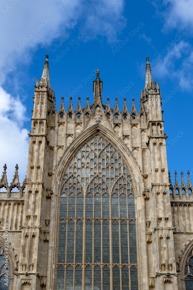 Elaborate tracery on exterior building of York Minster, the historic cathedral built in English gothic architectural style located in City of York, England, UK