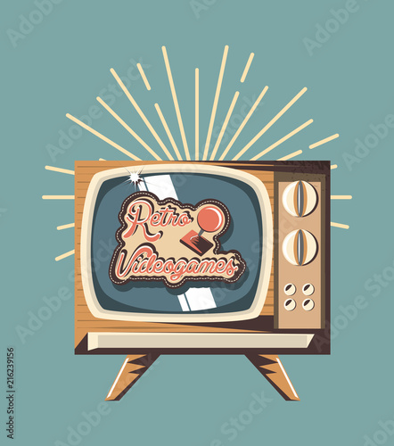 retro videogames design with retro television icon and decorative sunburst over blue background, colorful design. vector illustration