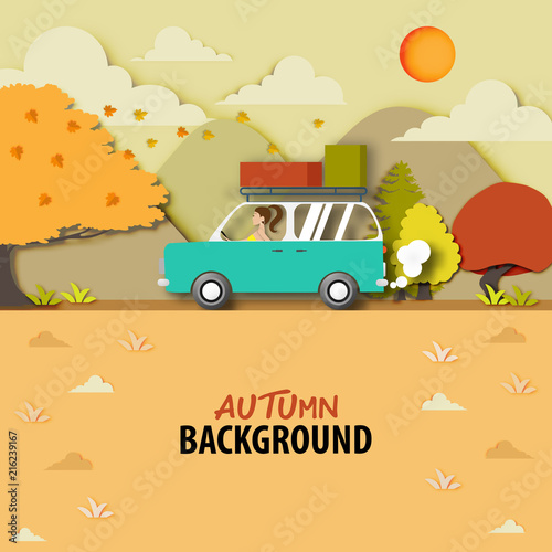 Autumn season background with blue van car and paper art design vector and illustration
