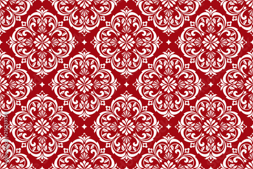 Wallpaper in the style of Baroque. Seamless vector background. White and red floral ornament. Graphic pattern for fabric, wallpaper, packaging. Ornate Damask flower ornament