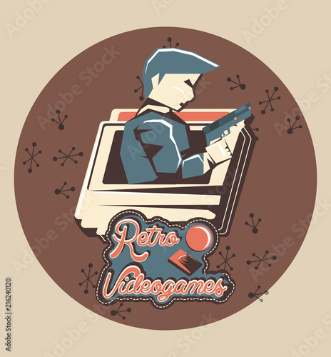 retrovideogames design with detective character over brown background, colorful design. vector illustration