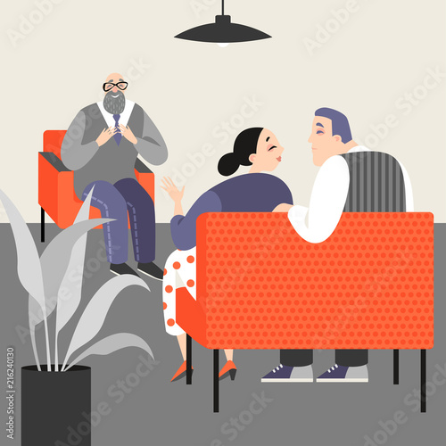 A couple discusses their problems at a psychotherapist's appointment. Family therapy. Vector illustration in a cartoon style.