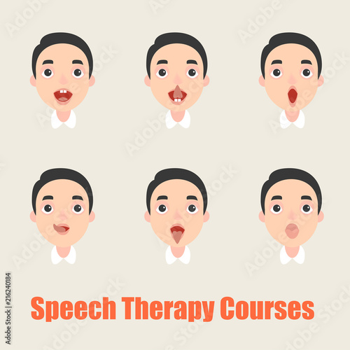 Set of vector illustrations of a boy doing exercises for the development of speech. Speech therapy.